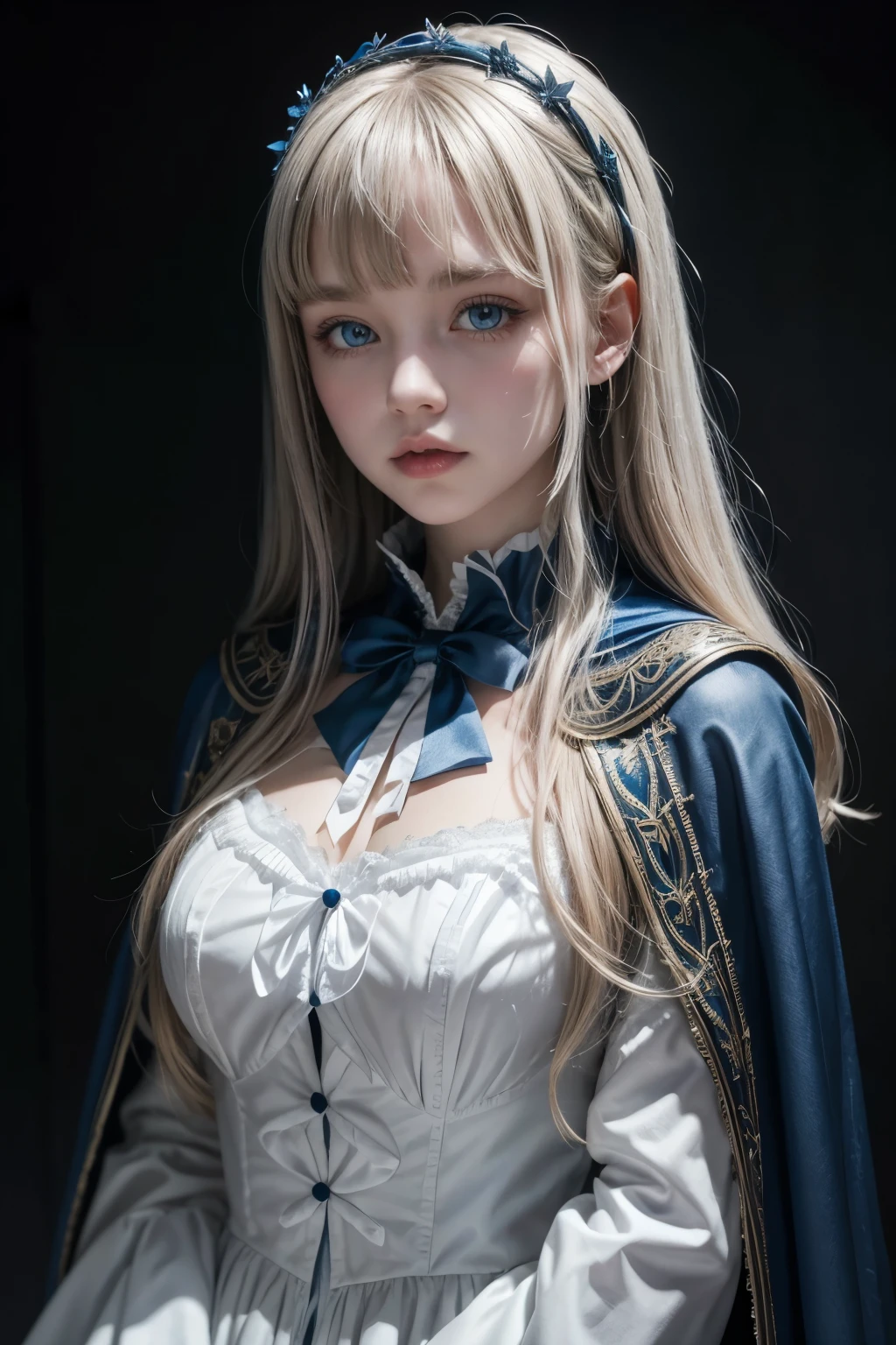 I wish you would create a girl with bangs, white, blue colored eyes, medium cape, with a gothic outfit 