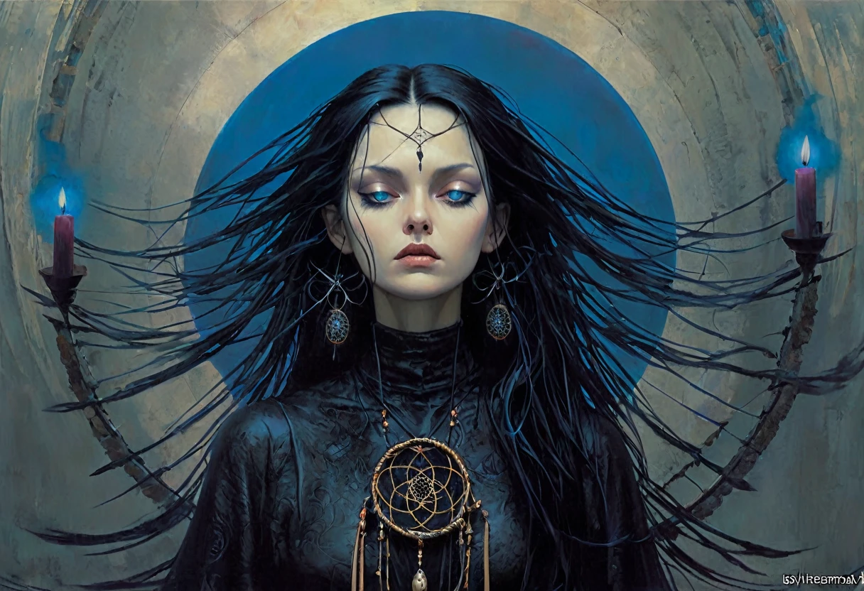 (Masterpiece, best quality), 1 Dame, alone, (lo Gothic), Dream Catcher, Vampir, short black hair, loose waves, blue eyes, ,sweet, (HG giger, Art by Hermann Nitsch, Beksinski, Dariusz Zawadzki, giger, zdzislaw beksinski), Bett, candles, cross, Slim body, moonlight, black shirt, natta, Clouds of smoke, in the middle is written Psytrance