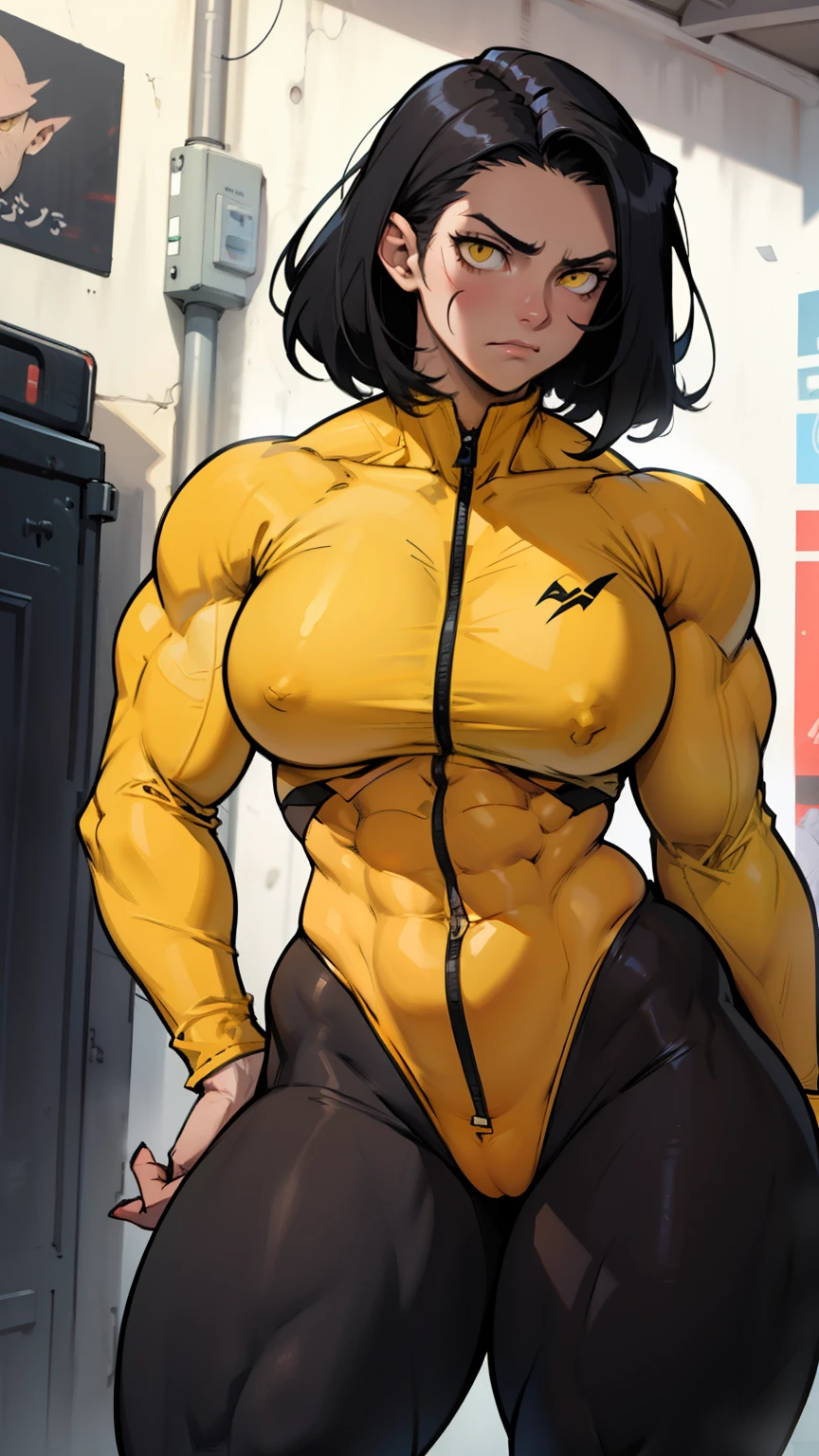 wide hips curvy thick thighs voluptuous large breasts muscular toned body bodybuilder black hair pale skin yellow eyes skintight expressionless sad sad