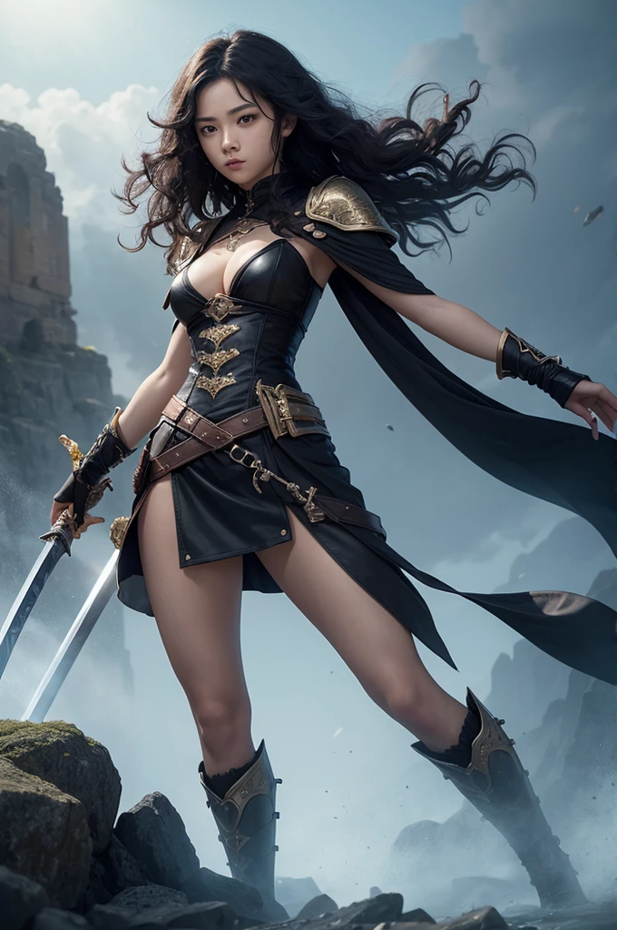 A woman character with sword,20 years old and has black curly hair