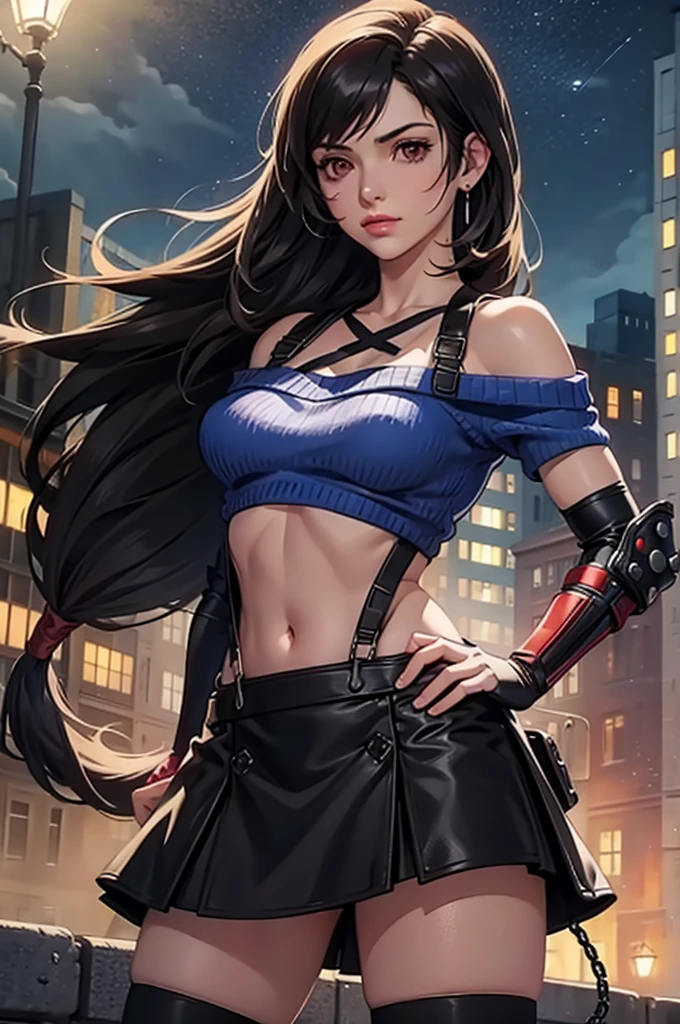 perfect eyes:1.2, detailed eyes:1.4, serious, hand on hip, night, city, metTifa, red eyes, low-tied long hair, earrings, cropped sweater, blue sweater, off-shoulder, short sleeves, suspender skirt, elbow gloves, armored legwear, medium full shot, thigh-level shot, 1girl,(masterpiece:1.6, best quality),
