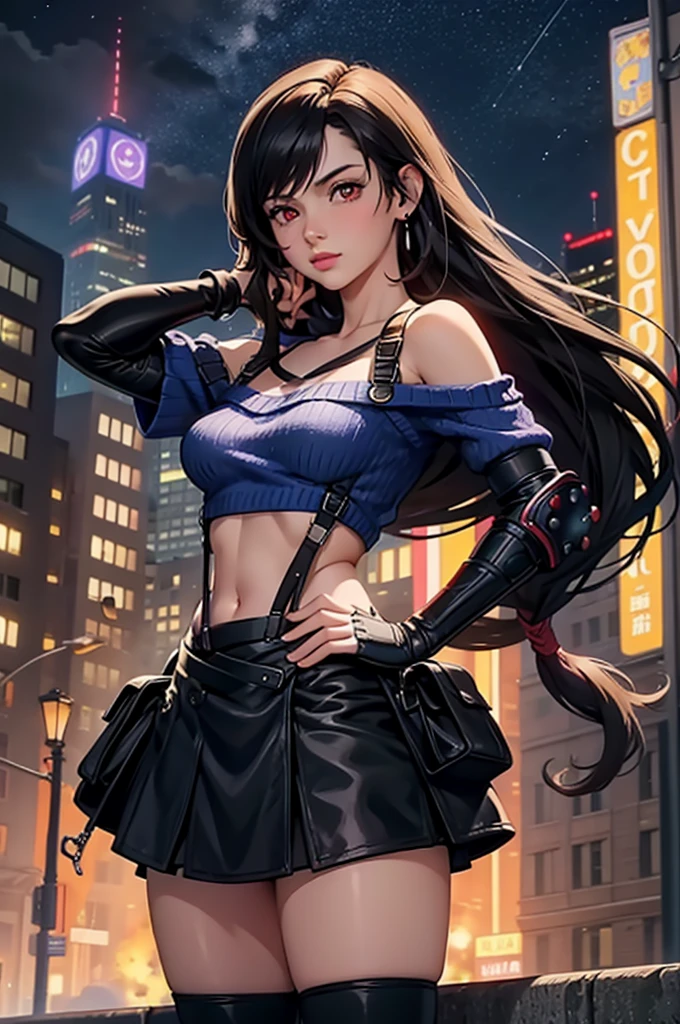 perfect eyes:1.2, detailed eyes:1.4, serious, hand on hip, night, city, metTifa, red eyes, low-tied long hair, earrings, cropped sweater, blue sweater, off-shoulder, short sleeves, suspender skirt, elbow gloves, armored legwear, medium full shot, thigh-level shot, 1girl,(masterpiece:1.6, best quality),
