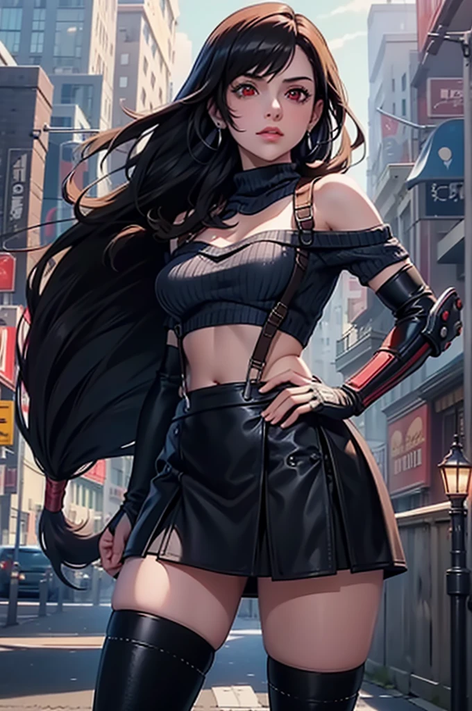 perfect eyes:1.2, detailed eyes:1.4, serious, hand on hip, night, city, metTifa, red eyes, low-tied long hair, earrings, cropped sweater, blue sweater, off-shoulder, short sleeves, suspender skirt, elbow gloves, armored legwear, medium full shot, thigh-level shot, 1girl,(masterpiece:1.6, best quality),