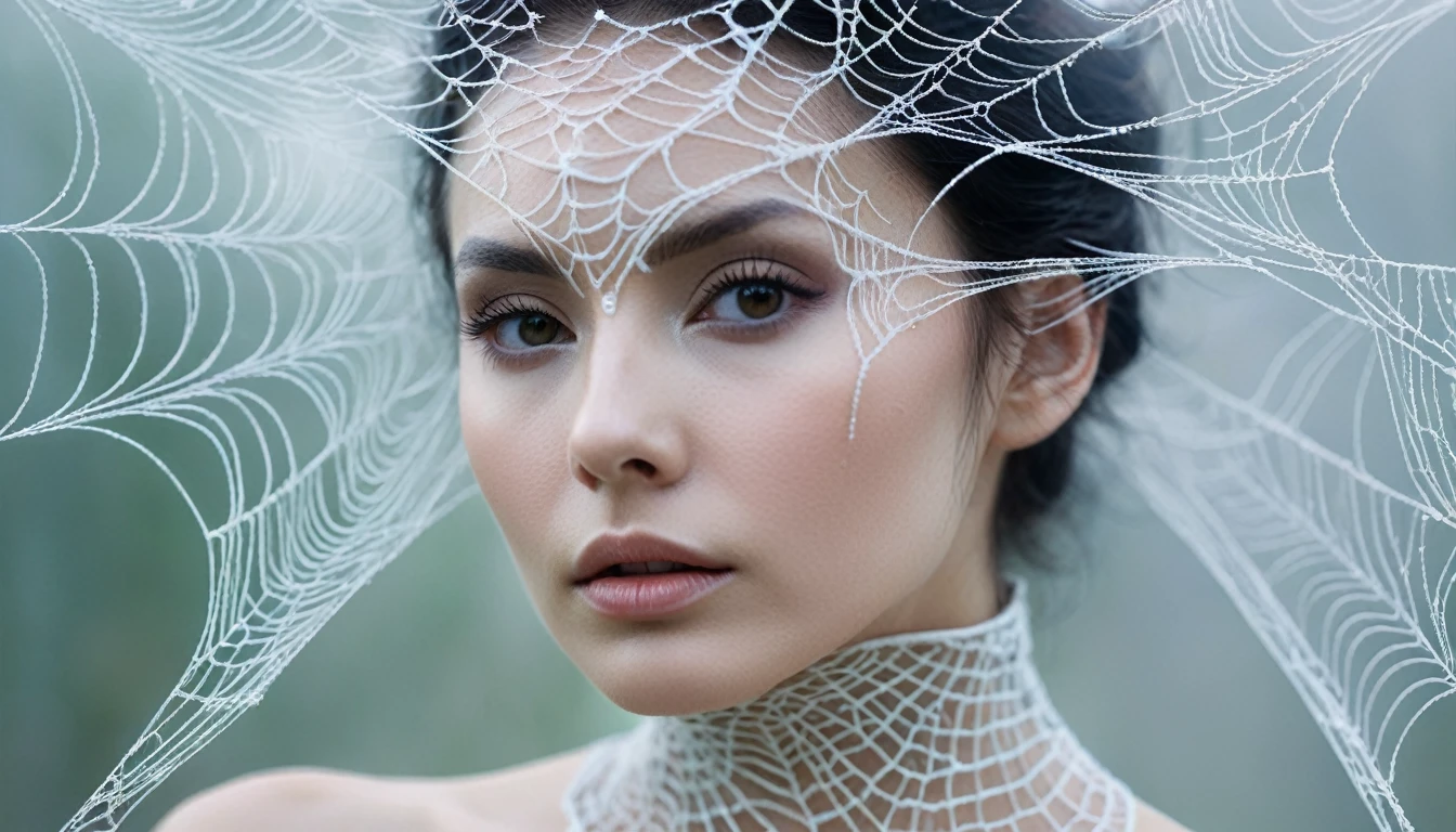 Ethereal, surreal photo of a woman with intricate web-like structures on her face and head, background soft and blurry to enhance the ethereal quality, woman looking directly at the camera with a neutral expression, close-up portrait focusing on the face and upper shoulders, in a misty, soft-focus setting, under soft, diffused lighting emphasizing the texture of the web structures, eye-level shot, taken with a Nikon D850 and a 105mm f/2.8 macro lens, in the style of Tim Walker