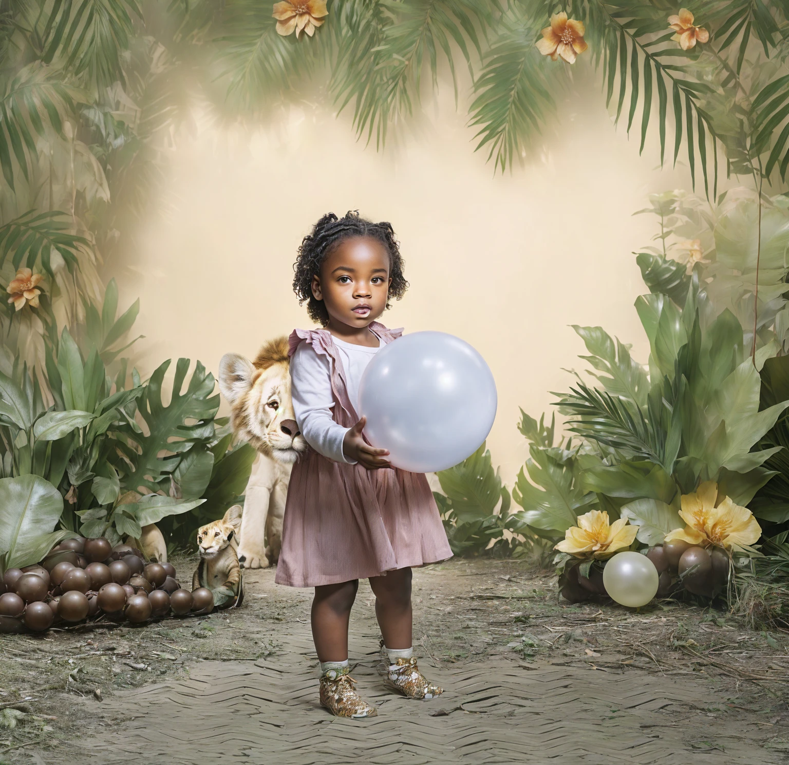 there is a holding a balloon in a jungle, in a jungle environment, inspiration and Frieke Janssens, in a jungle, toy commercial photo, in the jungle, in the jungle, light skinned african YOUNG girl, YOUNG , in the jungle forest, portrait photo, look , holding a balloon, photographic render, portrait photo, in the jungle. Bloom