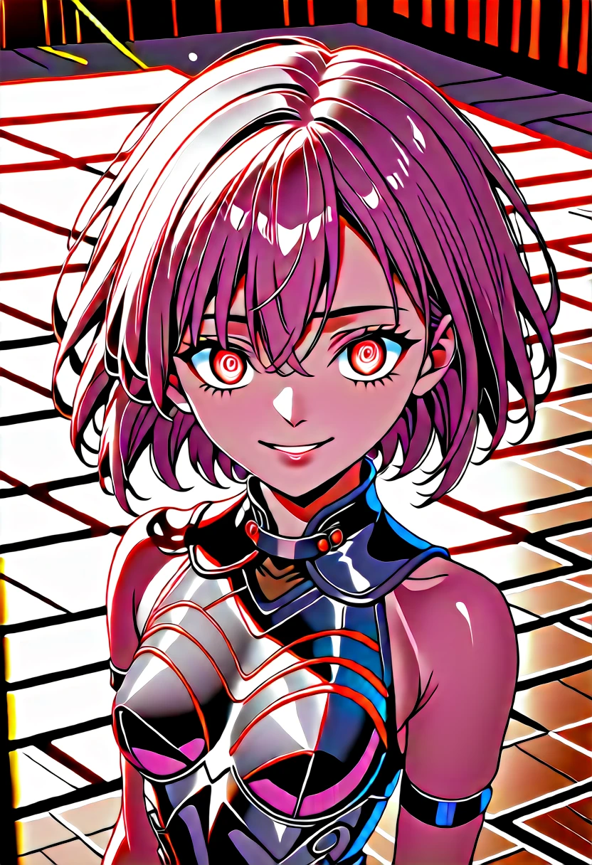 (masterpiece, top quality, best quality, official art, beautiful and aesthetic:1.2),  (flat color:1.3), extremely detailed, detailed face and eyes, cinematic light, SFW, anime, depth of field, 1girl, seducing smile, solo, official, dark armor, mash kyrielight, light purple hair, short hair, hair over one eye, smile, slim body, cinematic lighting, dramatic lighting, dramatic atmosphere, hyper-realistic, high resolution, stunning contrast, (aburdres:1.4), aburd res, high quality, best quality, 8k, 4k, intricately detailed, (amazing details:1.2), highly detailed skin, (detailed eyes:1.2), striking eyes, (detailed background), (dynamic angle:1.2), (dynamic pose:1.2), (Line of action:1.2)