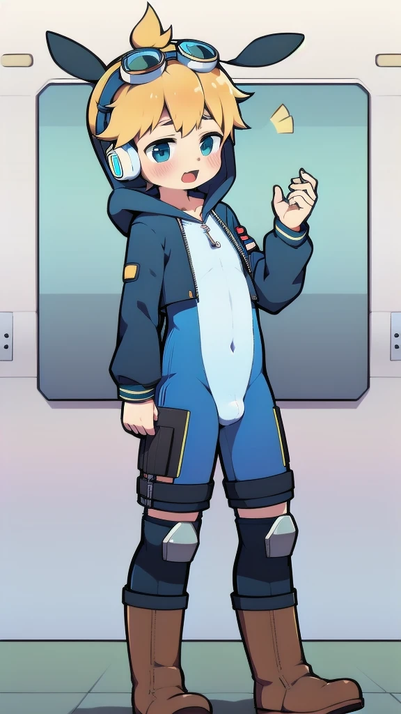 2D Boy Shota,One-piece mountaineering suit,Slim, healthy body,Put the headphones on your head,stand up,goggles,Rabbit ears,happy,Sailor collar,tie,Zipper pulled down,boots,hood,moan