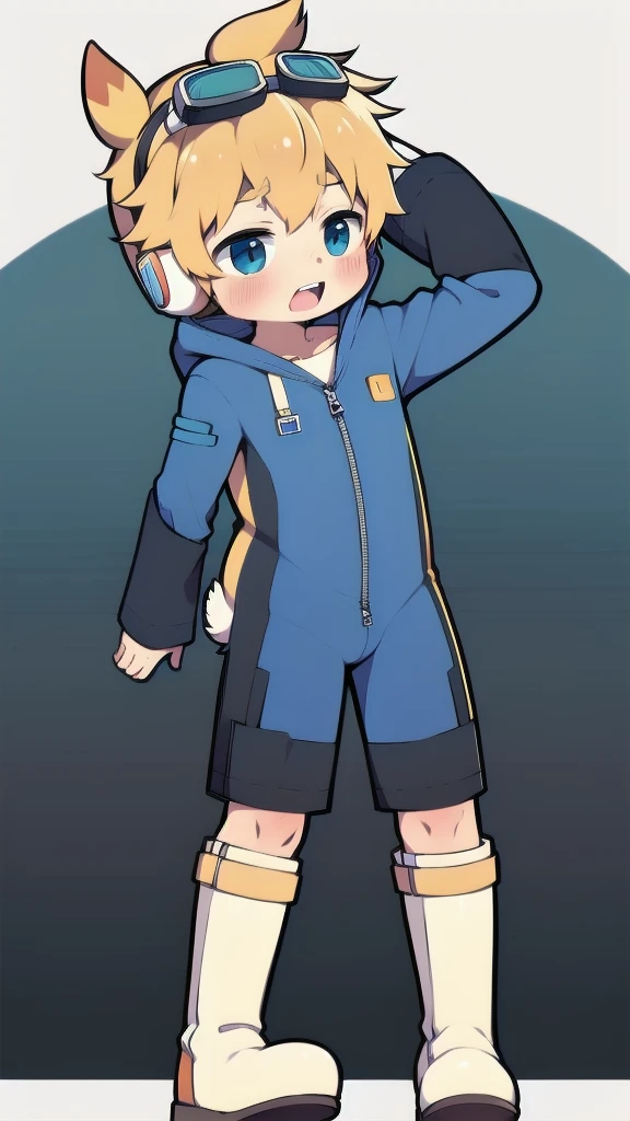 2D Boy Shota,One-piece mountaineering suit,Slim, healthy body,Put the headphones on your head,stand up,goggles,Rabbit ears,happy,Sailor collar,tie,Zipper pulled down,boots,hood,moan