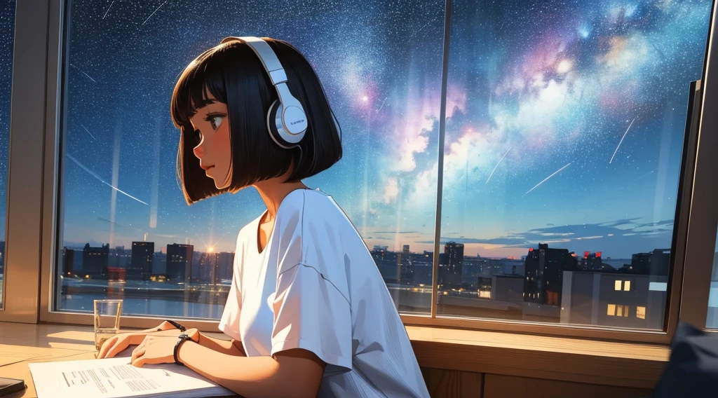 indoor, Wearing headphones, Studying in the room, Sit by the window,, Look at the stars, head stuck to glass, landscape passing by at high speed, night travel, Beautiful starry sky, a beautiful girl with, bob cut,Bangs ,Top of crop, Short sleeve, crop top, breast, Ultra HD Portraits, (high quality) (Super detailed) Looking at the audience dressed in hip-hop style streetwear; different, Colorful, Wide-angle lens, perfect anatomy:1.5, 16:Scale 9