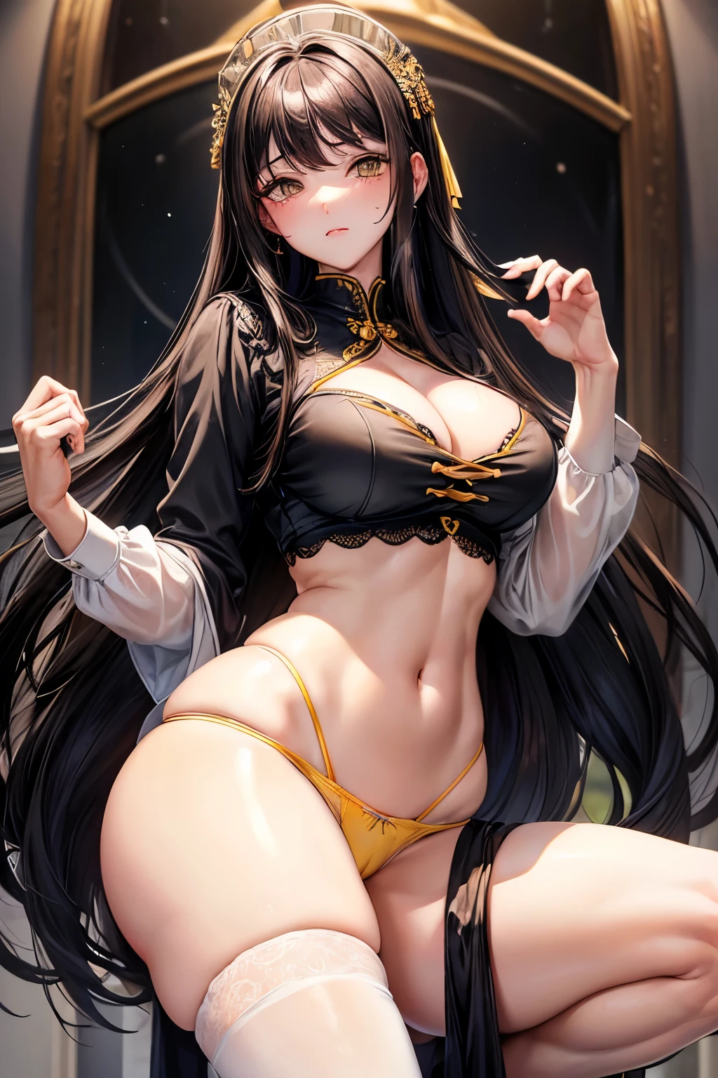 Best quality, woman, (long hair), black hair, (drooping eyes:1.1), (black mouth mask:1.1), prensenting panties, (white panty), (pee stain panty:1.3), (yellow stain panties:1.2), (holding panties:1.1), (pantis in hands:1.2), looking down, (shy:1.2), (blush), (five fingers), (round breasts), (bubble butt), (wide hips:1.1), (slim waist:1.1), (thick thighs:1.1), (detailed face and eyes:1.2), masterpiece, best quality, clear detail, ultra-detailed, high quality, beautiful detailed, office lady, (mole under the eye), (detailed hand and finger:1.2), (medium breasts:1.2), (busty), (deep cleavage:1.2), (labia outline:1.3), (hard teat:1.3).