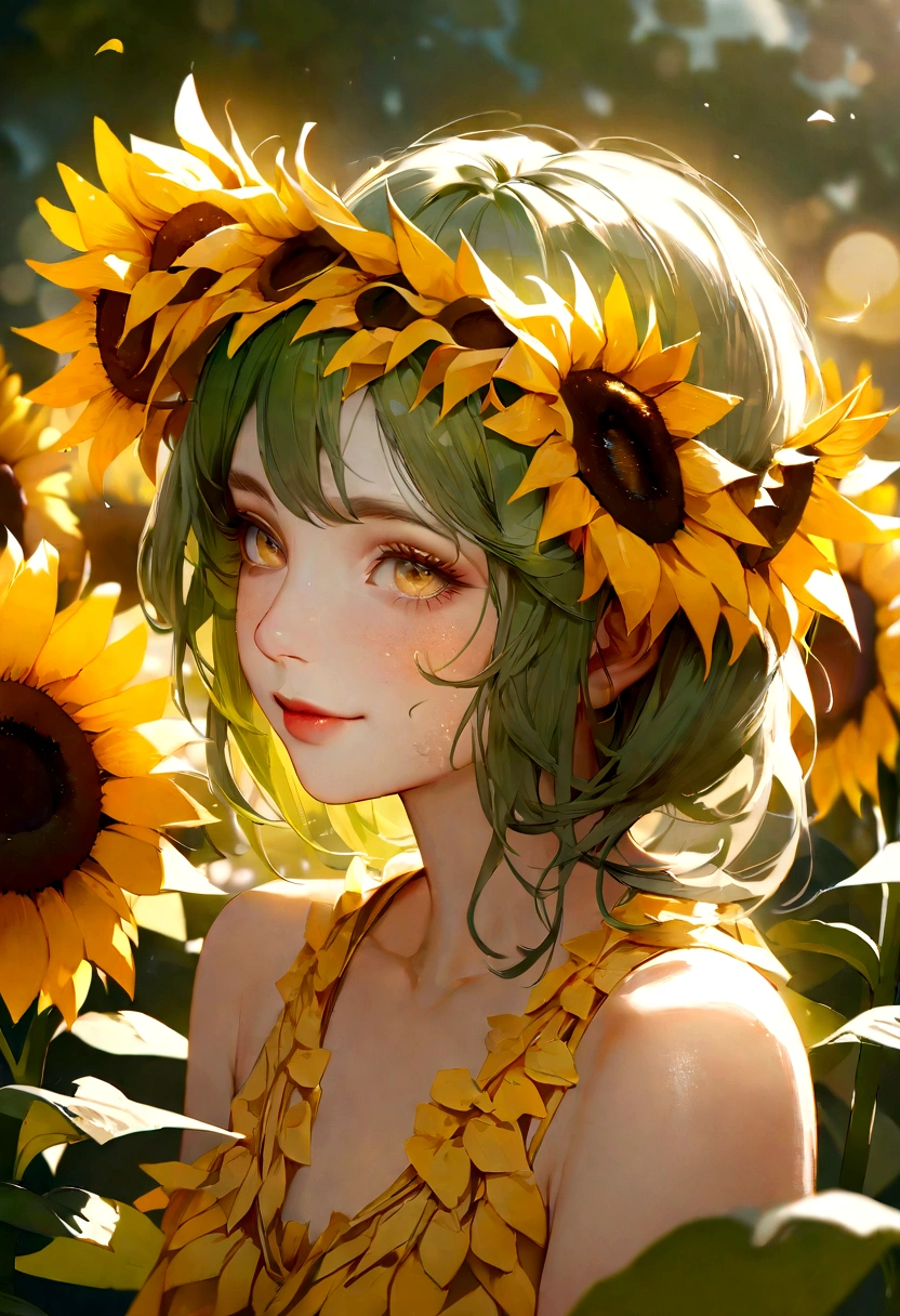 (Highest quality,High resolution,masterpiece:1.2),Super detailed,Portraiture,Beautiful sunflower girl,gorgeous sunflower petal dress,Vibrant sunflower field,sunflower crown,Delicate sunflower pattern,Soft natural light,Golden color palette,like々Shining,Leafy Background,A gentle warm breeze,Artistic Expression,Sunburned skin,Expressive and detailed facial features,A kind smile,bright yellow and green hues,Bokeh effect,Meticulous attention to detail,Realistic depiction of sunflower petals,A stylistic interpretation of the Sunflower Girl.
