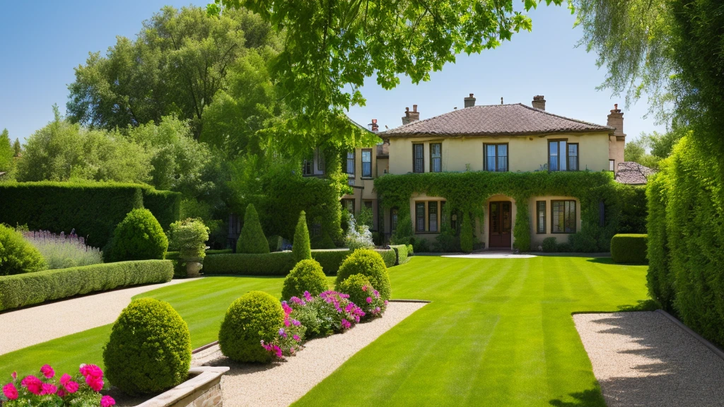 Luxury country house with garden, a young woman in the garden of the house, Mexican style on a striking summer day with blue sky. nature, Beautiful residential area house. a young woman in the garden of the house, Real Estate. - High Resolution Image