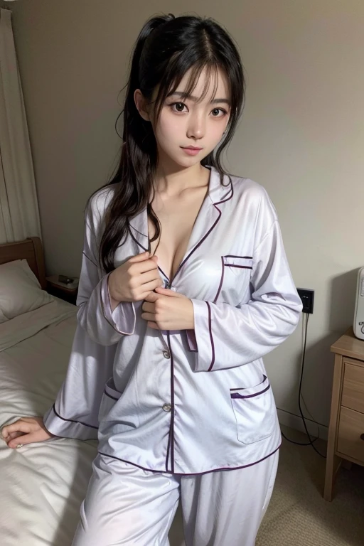 a beautiful and sensual Japanese girl wearing pajamas to sleep in her room