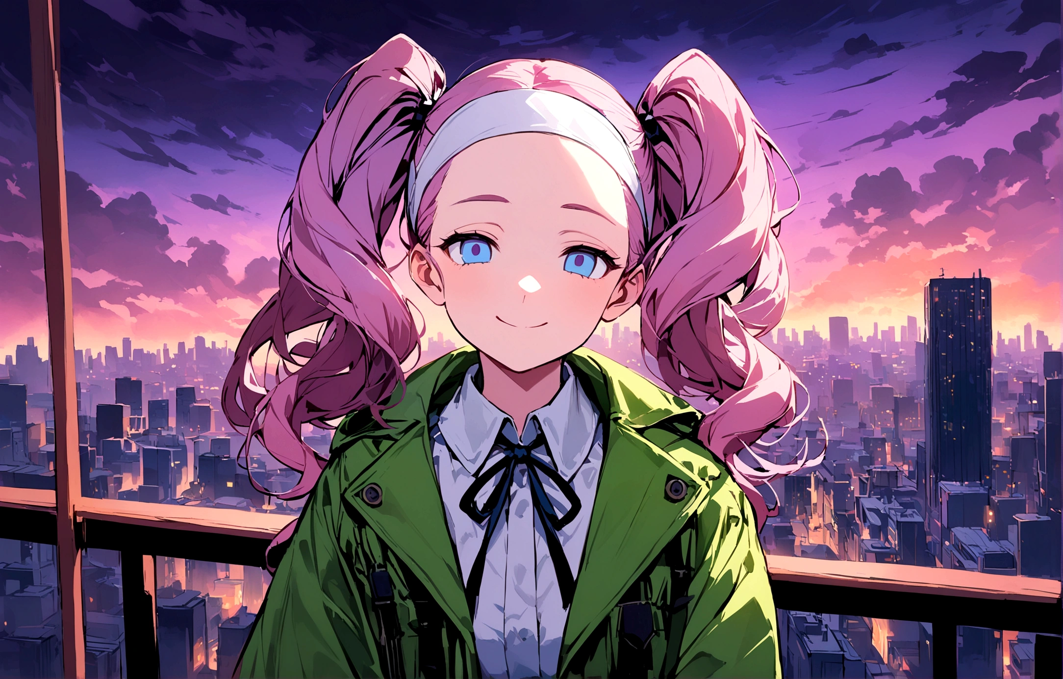 Cool Girl Wallpaper Images : Beautiful modern girl in a green coat Wear sunglasses Behind is the cityscape in the evening. There are twinkling lights of the city amidst the green, green, Purple Sky. Cool girl stands on a high balcony or bridge. Looking out over the city with a confident and calm expression. The colors of the painting emphasize the dramatic atmosphere..(pink hair, twin tails twin drill, show your forehead, blue eyes, White frilled white headband, slanted eyes, smile, long sideburns, curled bangs, neck ribbon, Forehead, amount),