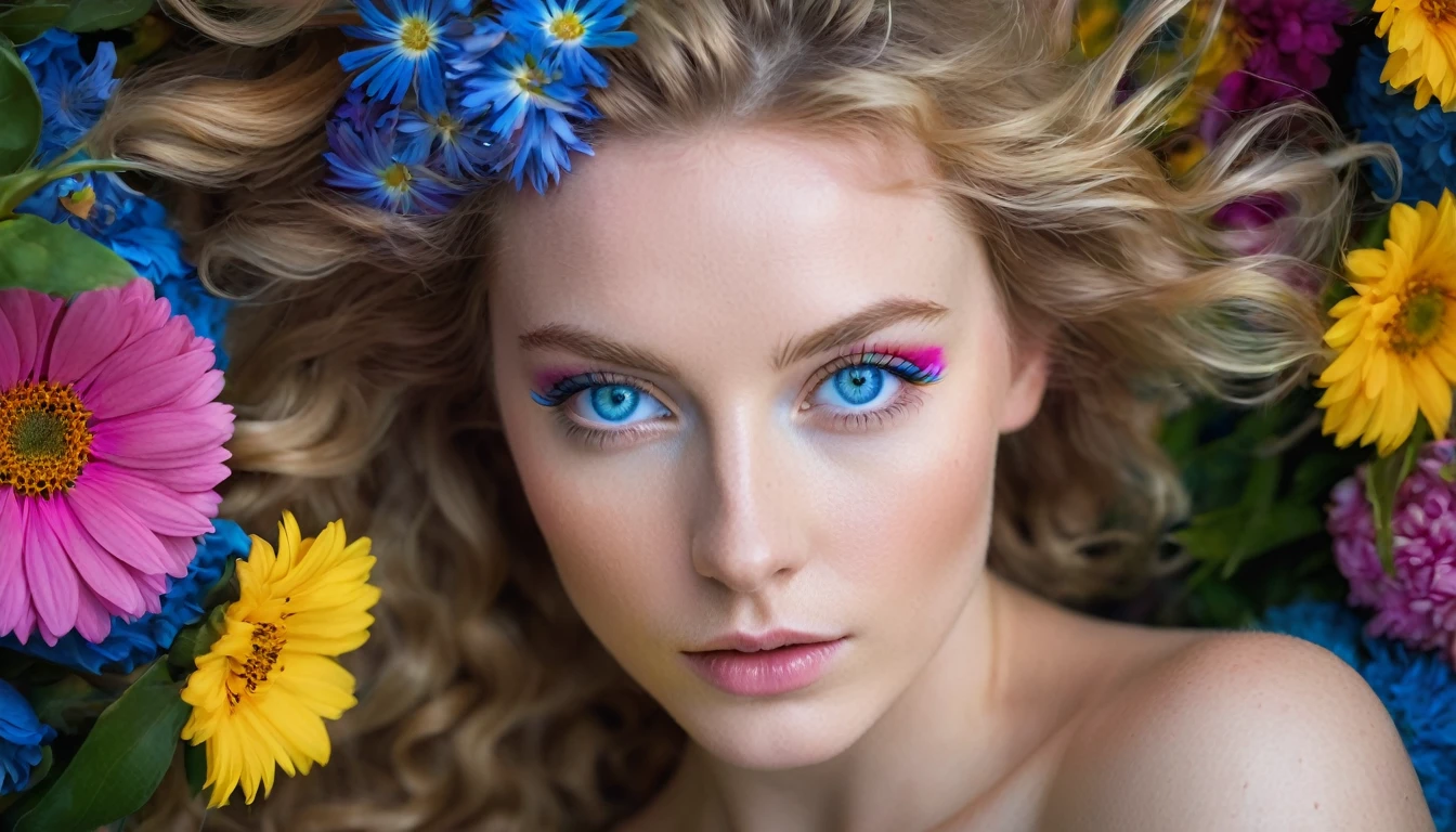 Artistic, portrait-style photo of a young woman with striking blue eyes, surrounded by and adorned with vibrant, colorful flowers, flowing hair blending with the flowers, direct gaze towards the camera, tight close-up on face, in a natural, floral setting, under soft, diffused lighting, shot at eye level, on a Canon EOS 5D Mark IV with a 100mm f/2.8 macro lens, in the style of Tim Walker
