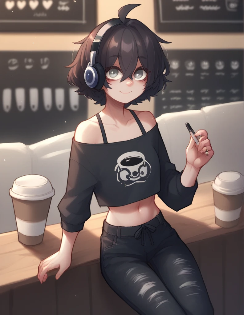 1 girl, alone, ppka, black fur, short hair, messy fur, Ahoge, parts, parts por todo el cuerpo, grey eyes, blind, cute smile looking at the viewer, cute look, Beautiful smile,
Utility pants, wide leg pants, black pantaloon, long sleeve top, white and black top, Rings, headphones on the neck Exposed navel, exposed shoulders,
Sitting in a coffee shop