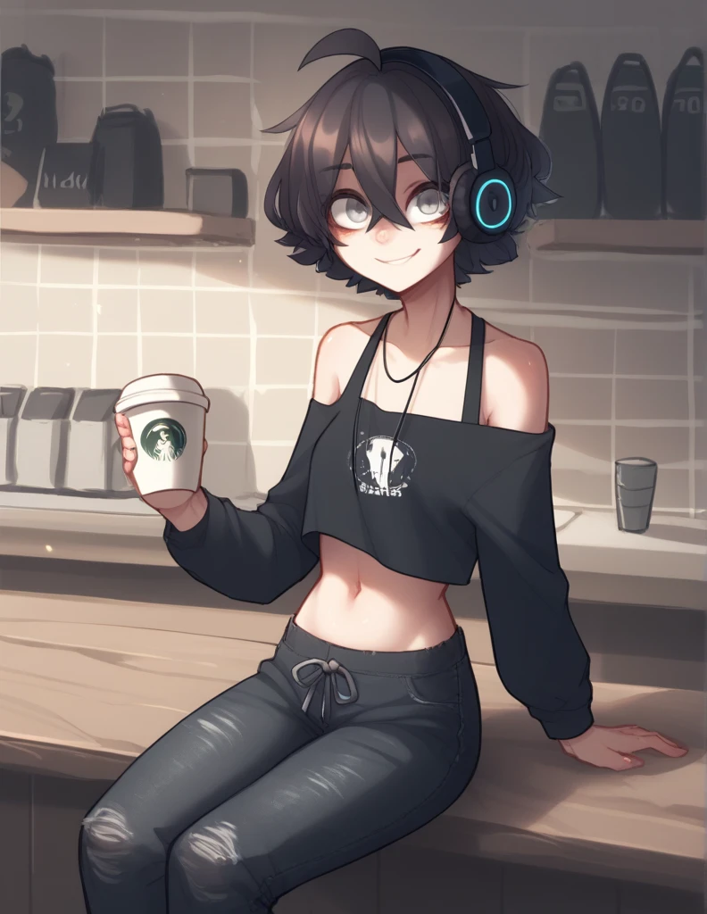 1 girl, alone, ppka, black fur, short hair, messy fur, Ahoge, parts, parts por todo el cuerpo, grey eyes, blind, cute smile looking at the viewer, cute look, Beautiful smile,
Utility pants, wide leg pants, black pantaloon, long sleeve top, white and black top, Rings, headphones on the neck Exposed navel, exposed shoulders,
Sitting in a coffee shop