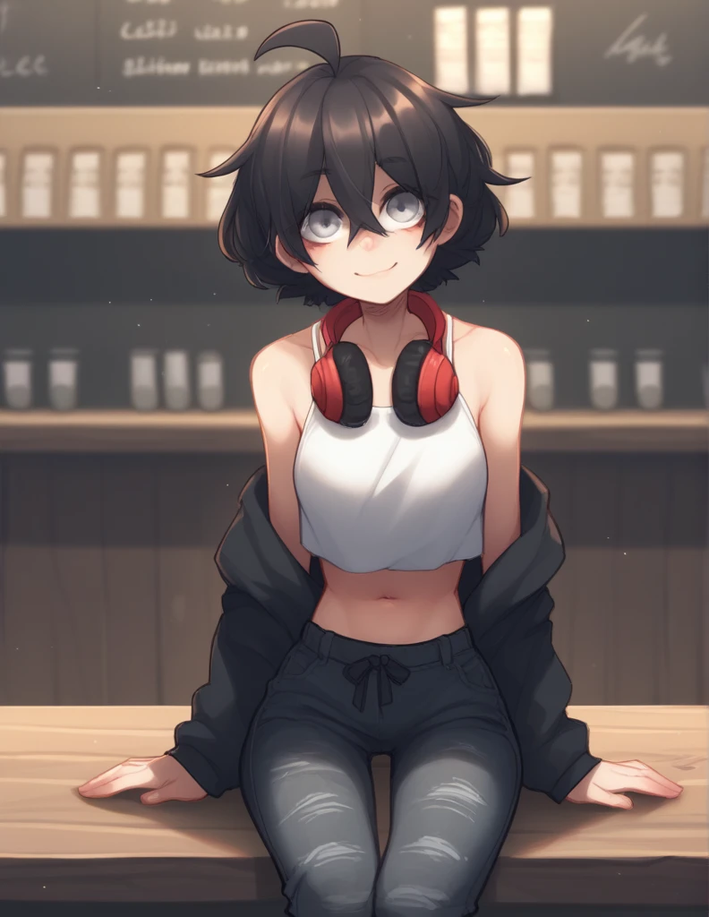 1 girl, alone, ppka, black fur, short hair, messy fur, Ahoge, parts, parts por todo el cuerpo, grey eyes, blind, cute smile looking at the viewer, cute look, Beautiful smile,
Utility pants, wide leg pants, black pantaloon, long sleeve top, white and black top,  Rings, headphones on the neck Exposed navel, exposed shoulders, 
Sitting in a coffee shop 