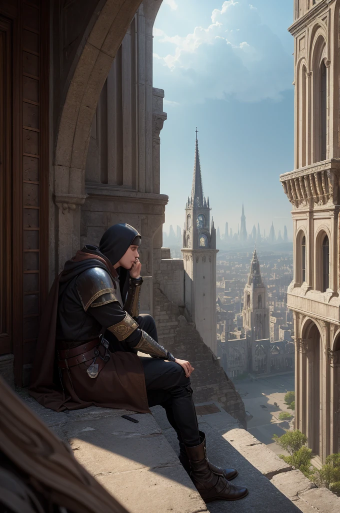 Create an image of a medieval, futuristic outlying city with a young man sitting on the edge of a building.