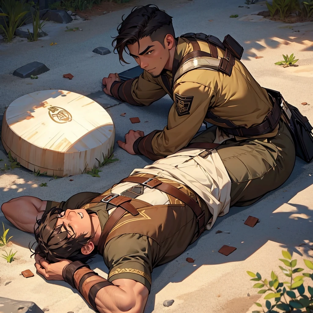 brown man, shield, lying on the ground, Dead, 血