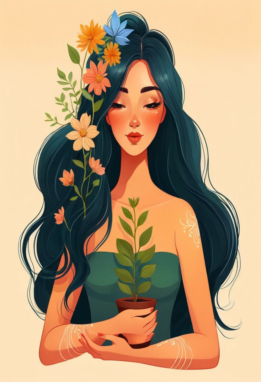 a woman holding a pot with a plant in it, jen bartel, a beautiful artwork illustration, beautiful digital illustration, flowers grow from the body, in style of digital illustration, illustration style, inspired by amy sol, flower goddess, 2d illustration, 2 d illustration, digital art illustration, 2d digital illustration, serene illustration, dreamy illustration, colorful illustration
