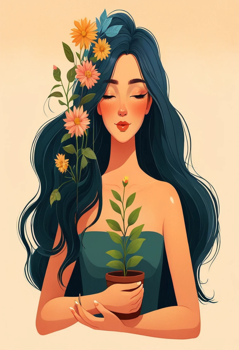 a woman holding a pot with a plant in it, jen bartel, a beautiful artwork illustration, beautiful digital illustration, flowers grow from the body, in style of digital illustration, illustration style, inspired by amy sol, flower goddess, 2d illustration, 2 d illustration, digital art illustration, 2d digital illustration, serene illustration, dreamy illustration, colorful illustration