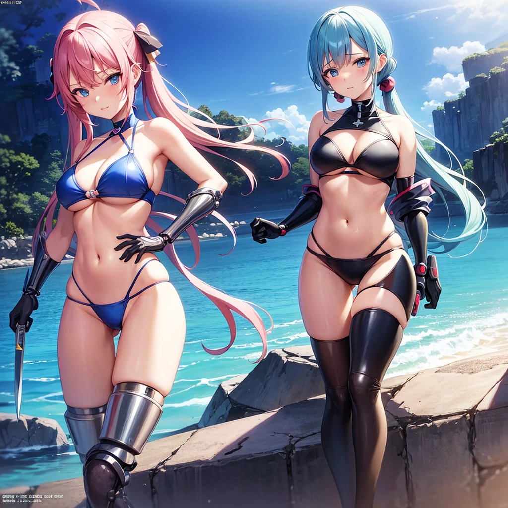 anime girl in a blue bikini with a knife in her hand, Oppai, Ecchi, Ecchi style, gapmoe yandere, doujin, cyberpunk oppai, biomechanical Oppai, Ecchi anime style, sophisticated engraving idol, light novel cover art, Oppai proportions, twintails brancos_mitts, shoujo manga, seductive anime girl