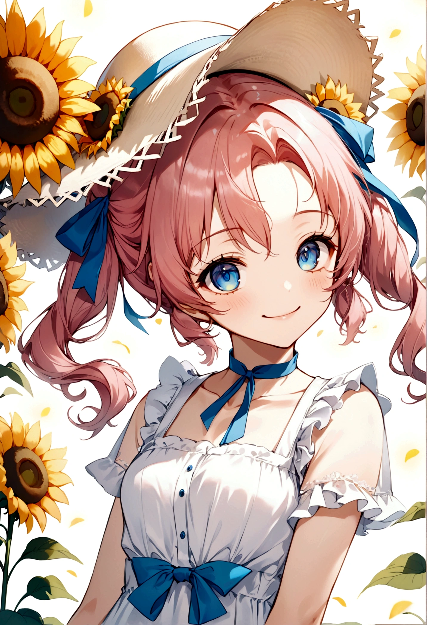 ((Highest quality)), ((masterpiece)), ((Ultra-detailed)), (Very delicate and beautiful), Beautiful woman, , Long Wavy Hair,, Sun hat, Light white sundress, Summer background, Background sunflowers, Cute smile, Relaxed facial expression, Fair skin, delicate white flowers on Sun hat(pink hair, twin tails twin drill, show your forehead, blue eyes, White frilled white headband, slanted eyes, smile, long sideburns, curled bangs, neck ribbon, Forehead, amount),