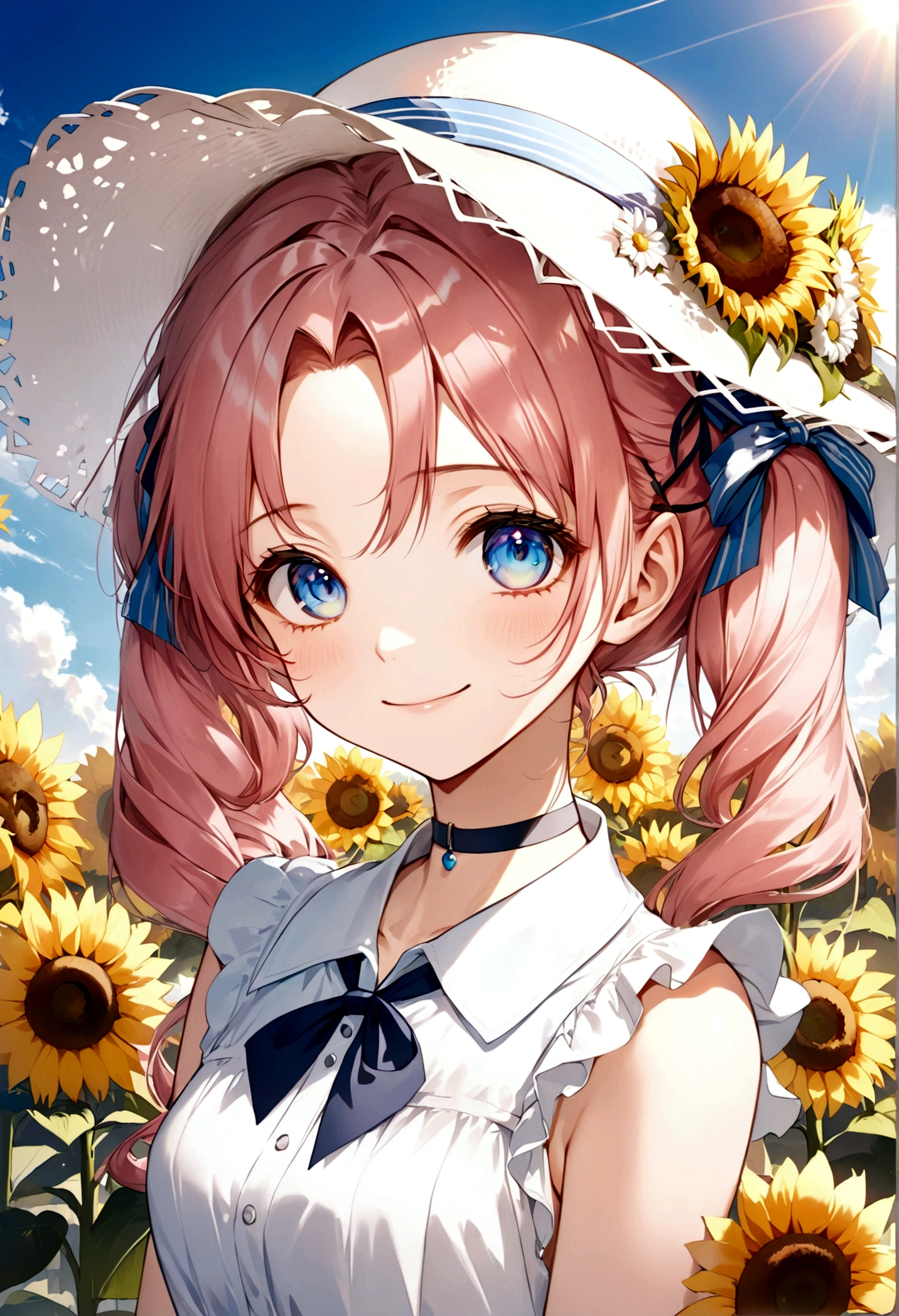 ((Highest quality)), ((masterpiece)), ((Ultra-detailed)), (Very delicate and beautiful), Beautiful woman, , Long Wavy Hair,, Sun hat, Light white sundress, Summer background, Background sunflowers, Cute smile, Relaxed facial expression, Fair skin, delicate white flowers on Sun hat(pink hair, twin tails twin drill, show your forehead, blue eyes, White frilled white headband, slanted eyes, smile, long sideburns, curled bangs, neck ribbon, Forehead, amount),