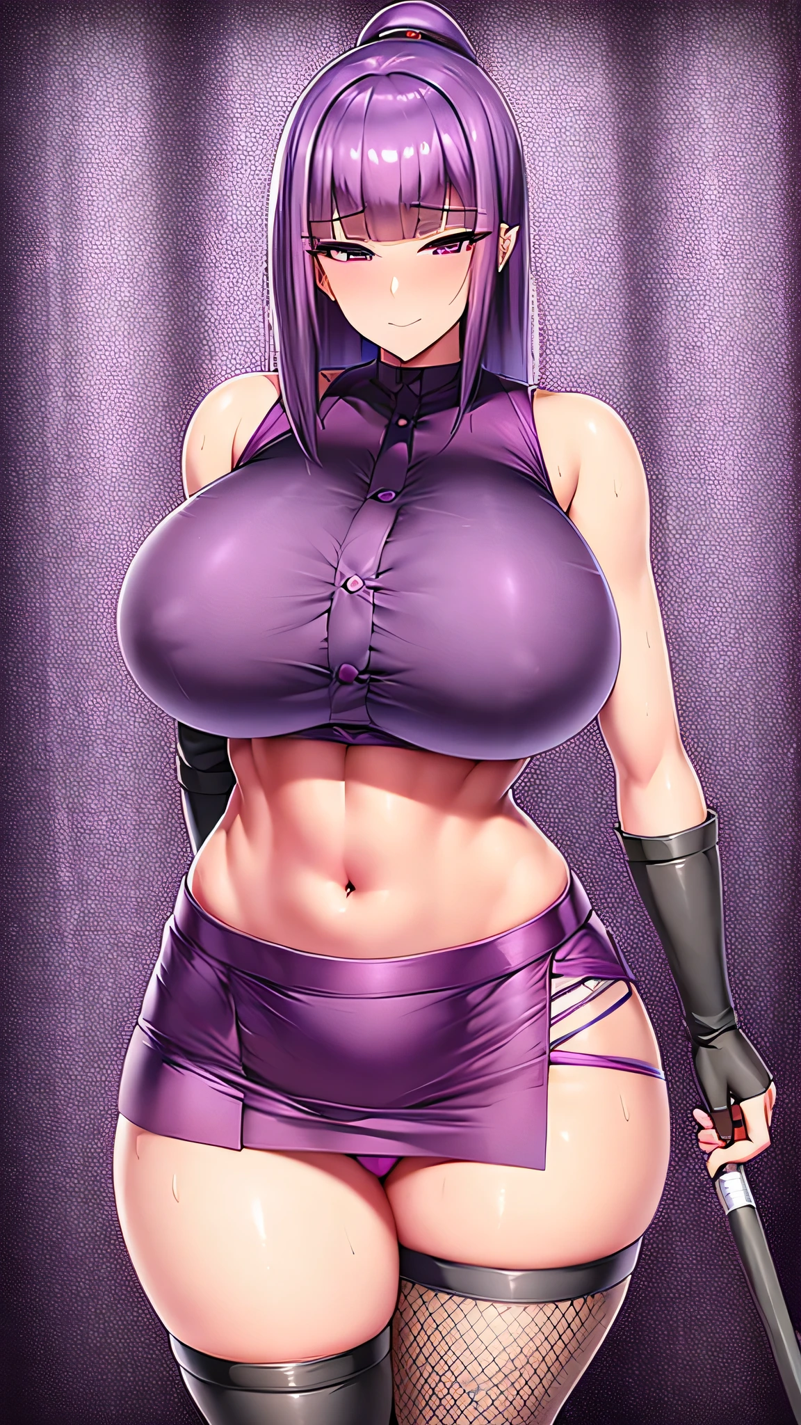  a big teenage girl big breast beautiful sexy ninja dark purple hair long hip her purple eye black eyelash big round she dresses purple blouse with sleeveless buttons exposed abdomen navel and a short purple skirt pair of net socks Transparent black boot