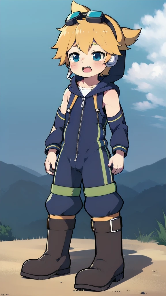 2D Boy Shota，One-piece mountaineering suit，Slim, healthy body，Put the headphones on your head，stand up，goggles，happy，Sailor collar，tie，Zipper pulled down，boots，hood，moan
