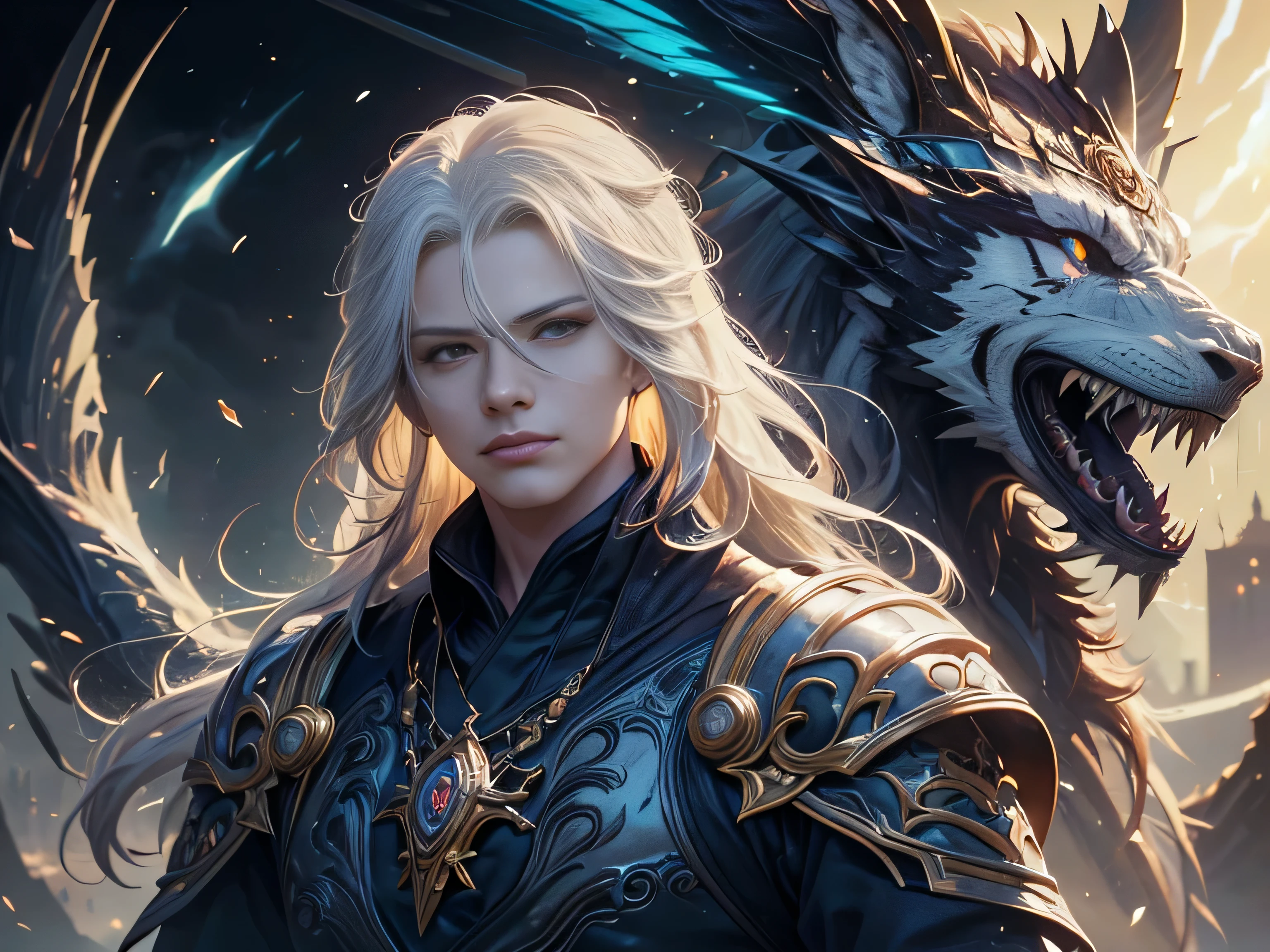 (Best Quality, 8K, Masterpiece, HDR, Soft Lighting, Picture Perfect, Realistic, Vivid), Male Humanoid Dragon (1.0), 1 Guy, Perfect Face, Super Detailed Photo of a Gorgeous Humanoid Dragon Man with Long White Hair, Side by Side lies a white dragon, Beautiful anime fantasy, background blur, anime fantasy, work in the style of Gouves, realism: 1.37, long white hair, plump lips, (Ultra high quality fantasy art), Masterpiece, male model, male character ultra high quality designs, detailed 8k anime art, realistic anime art, highest quality wallpapers, intricate ultra high quality accurate male characters faces, high quality designs and accurate physics (fantasy - ultra high quality art), dark fantasy style), masterpieces, super high quality quality characters, anime resolution - 8K, realistic anime art, wallpapers with the highest quality illustrations, ultra-high detail faces, high-quality design and accurate physics), color, depth of field, shadows, ray tracing, high-quality execution. -high quality and 8K resolution, (Accurate simulation of the interaction of light and materials)], [High-quality hair detail [Read more about beautiful and shiny white hair]], (Beautifully detailed hands [perfect fingers [Perfect nails]]], (perfect anatomy ( perfect proportions)))) [[Full-length]], [Perfect combination of colors (Accurate imitation of the interaction of light and material)], [art that conveys the meaning of the story](modified)