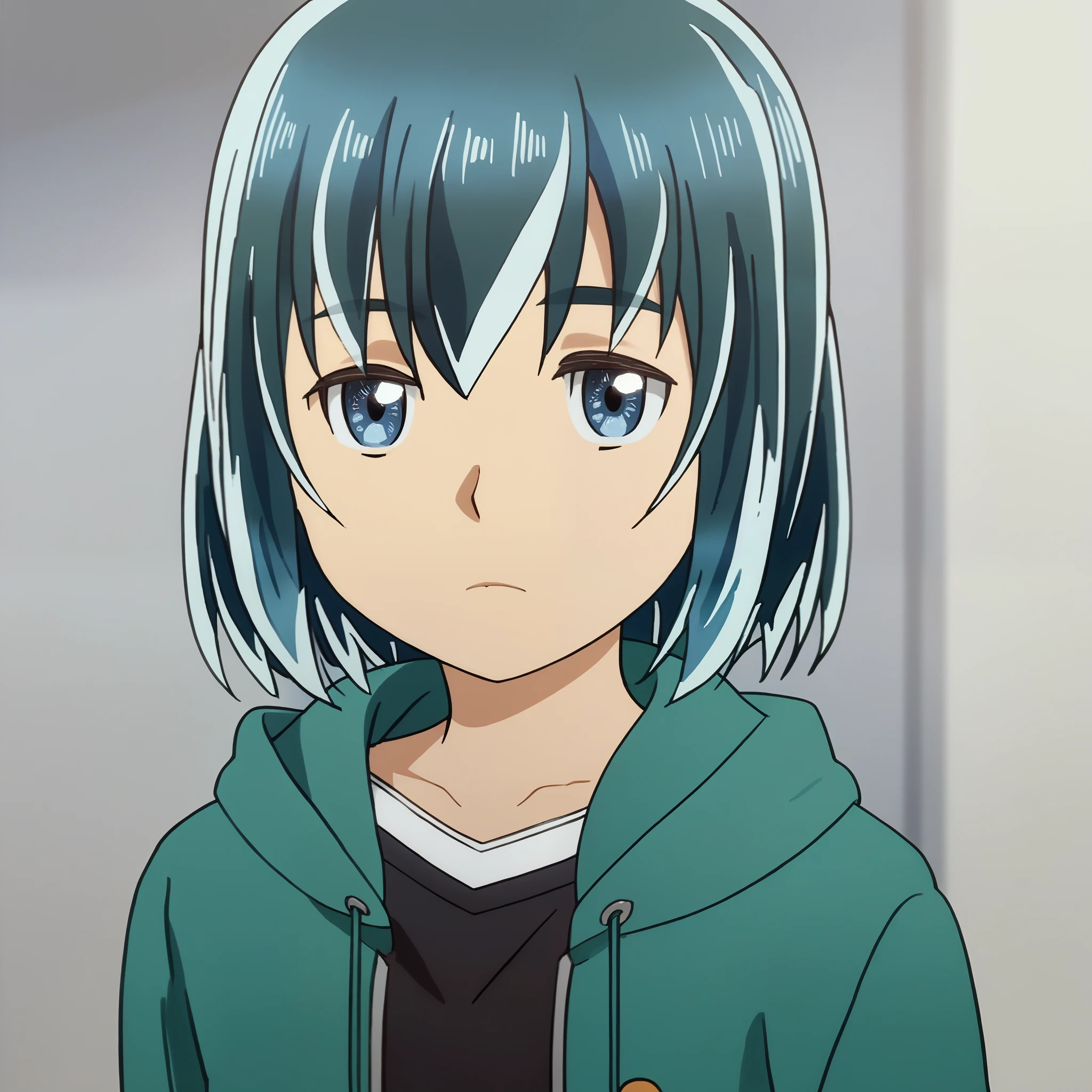 sharp focus, pixiv masterpiece, intricate details, expressionless, source_anime, score_8_up, score_7_up, score_9, hina_hinamatsuri, headshot, v-neck shirt, green hooded jacket, looking at viewer, expressionless,close-up, face,
cowboy shot, grey shorts, pantyhose,