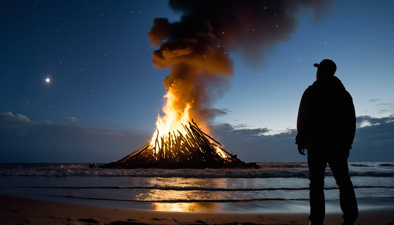 Dramatic, cinematic-style photo of a silhouette of a person, standing and looking at a large bonfire with flames reaching high, full body framing, on a beach at night with a moonlit sky, visible stars and clouds, and a seagull flying above, under high contrast lighting from the bonfire, shot at eye level, on a Nikon D850 with a 24-70mm f/2.8 lens, in the style of Gregory Crewdson