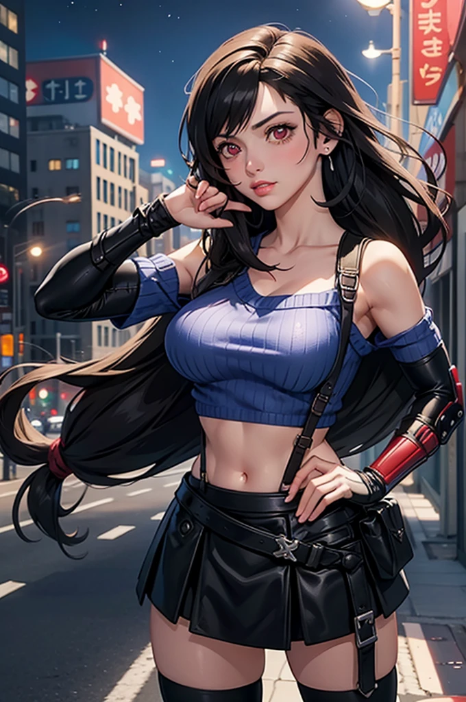 perfect eyes:1.2, detailed eyes:1.4, serious, hand on hip, night, city, metTifa, red eyes, large breasts, low-tied long hair, earrings, cropped sweater, blue sweater, off-shoulder, short sleeves, suspender skirt, elbow gloves, armored legwear, medium full shot, thigh-level shot, 1girl,(masterpiece:1.6, best quality),