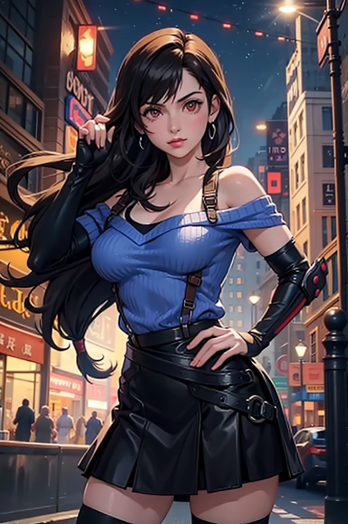 perfect eyes:1.2, detailed eyes:1.4, serious, hand on hip, night, city, metTifa, red eyes, large breasts, low-tied long hair, earrings, cropped sweater, blue sweater, off-shoulder, short sleeves, suspender skirt, elbow gloves, armored legwear, medium full shot, thigh-level shot, 1girl,(masterpiece:1.6, best quality),
