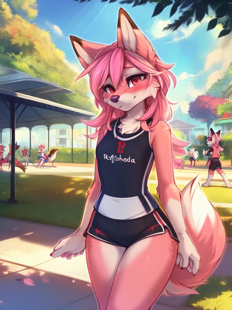 from Kenketa, Ross Tran, Ruan Jia, mumps, Foxovh, от zackary911, от Hyattlen, on a terrace, by Fumiko, от Pixelsketcher, by Bayard Wu, Thomas Benjamin Kennington, from Einshelm, from Kilina, by Coffeesoda, from Hyoshiru, from down-kevlar, от r-mk, by Dimwitdog, fluffy, Nazuna_hiwatasi, antro, Female, One, standing, mocking look, (half-closed eyes), pink hair, pink tail, (sportswear), (Red eyes), I look at the viewer, (Medium breasts, hips), (Fox), sunny day, (public park), (pink body, two-tone fur), (blushing, you&#39;re sweating), (hair in a ponytail), (Older), ((sheer thong:1.2)), pussy