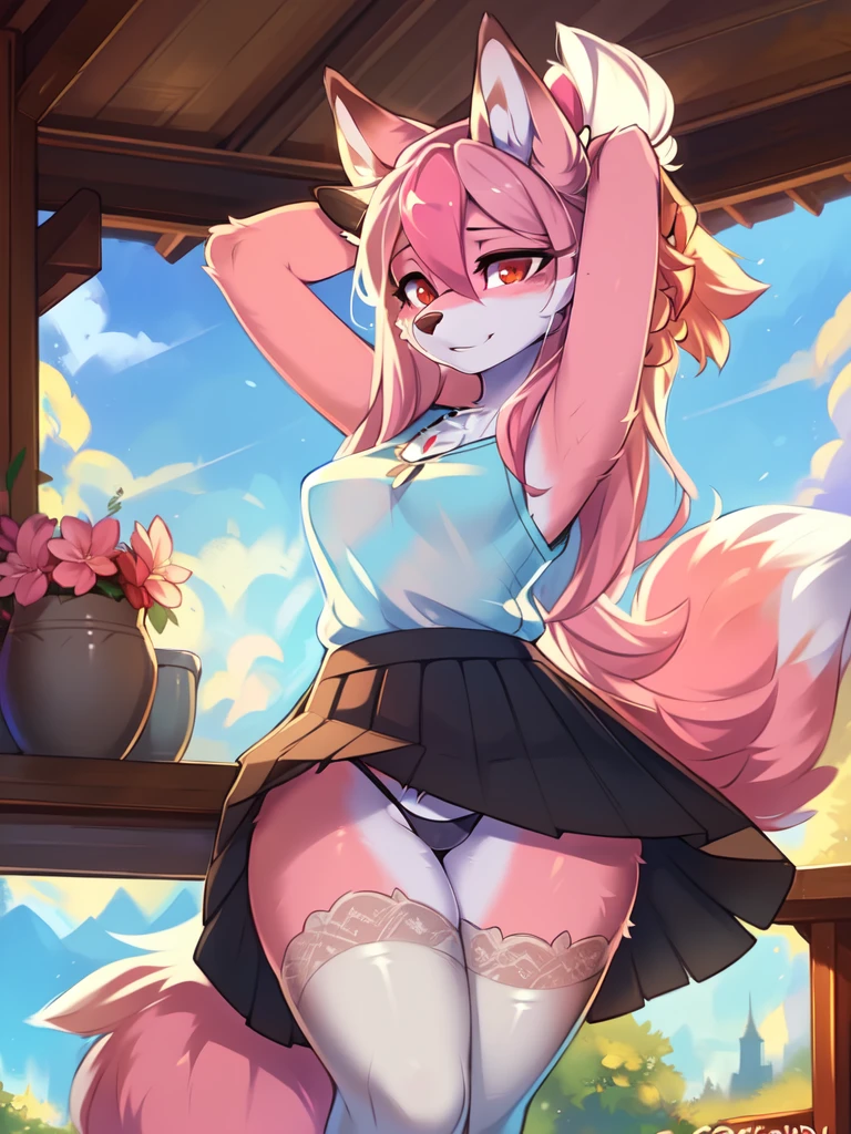 from Kenketa, Ross Tran, Ruan Jia, mumps, Foxovh, от zackary911, от Hyattlen, on a terrace, by Fumiko, от Pixelsketcher, by Bayard Wu, Thomas Benjamin Kennington, from Einshelm, from Kilina, by Coffeesoda, from Hyoshiru, from down-kevlar, от r-mk, by Dimwitdog, fluffy, Nazuna_hiwatasi, antro, Female, One, standing, mocking look, (half-closed eyes), pink hair, pink tail, (white for girls, blues skirt, high stockings), (Red eyes), I look at the viewer, (Medium breasts, hips), (Fox), Class, (hands above head), (pink body, two-tone fur), ((sheer thong)), pussy