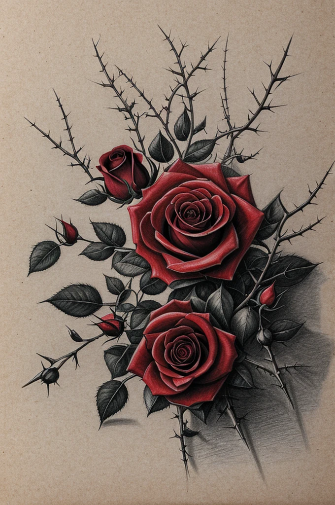 A pencil drawing of roses and thorns and blood
