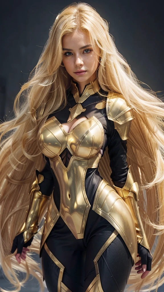 1. An extraordinary image captures a woman of extraordinary proportions, with very long blonde hair that cascades down her back, revealing a fair complexion. She is clad in an armor suit inspired by the goddesses Aphrodite and Jean Grey, showcasing a perfect fusion of femininity and power. The armor suit is meticulously detailed, featuring intricate patterns and impossibly small waistline, boasting a circumference that barely surpasses 20 inches. Despite this, her lower extremities far exceed 90 inches, showcasing the world's largest, massive buttocks. Her massive hip measurements and hourglass figure embody the essence of Christina Hendricks