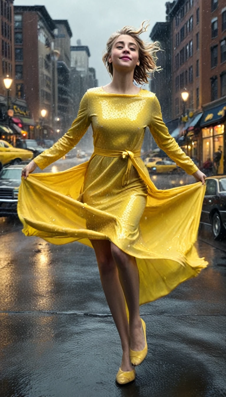 Créer une image 
Elsa qui danse joyeusement sous une forte pluie dans une rue solitaire dans une ville canadienne . Elle porte une robe bleu et jaune , completely soaked, et exsudant le bonheur, take full advantage of the present moment. La rue comprend des flaques d'eau et des gouttes de pluie visibles, capturant l'essence de l'atmosphère pluvieuse. The image should be hyperrealistic, ressemblant à une photo haute résolution 16k avec des détails exceptionnels.