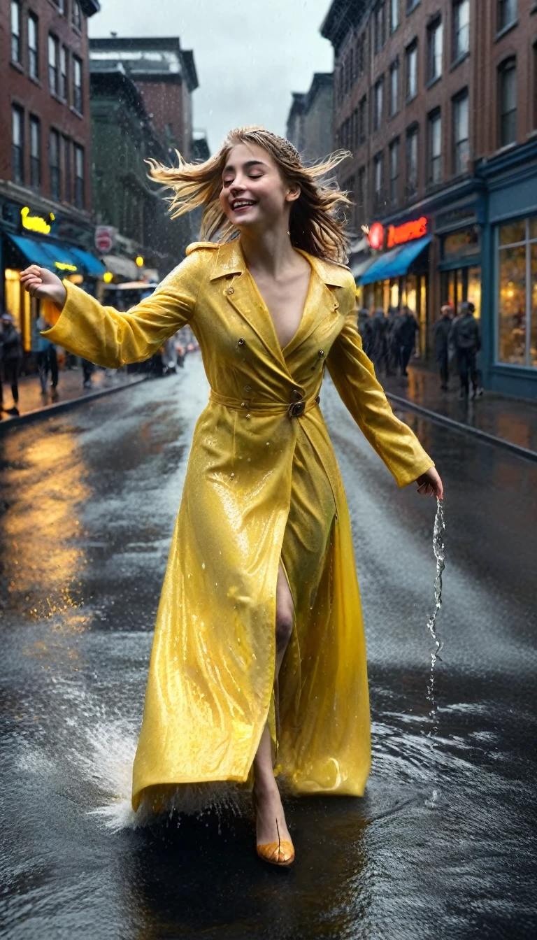 Créer une image 
Elsa qui danse joyeusement sous une forte pluie dans une rue solitaire dans une ville canadienne . Elle porte une robe bleu et jaune , completely soaked, et exsudant le bonheur, take full advantage of the present moment. La rue comprend des flaques d'eau et des gouttes de pluie visibles, capturant l'essence de l'atmosphère pluvieuse. The image should be hyperrealistic, ressemblant à une photo haute résolution 16k avec des détails exceptionnels.