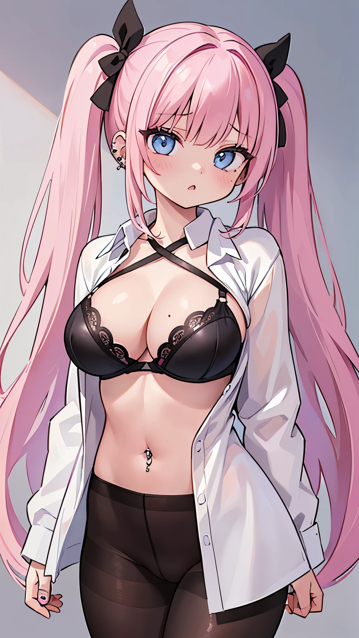 (masterpiece、Highest quality、Super detailed)、((One girl))、((Pink Hair))、((Twin tails))、((Light blue eyes))、expression、((lots of piercings))、((Very large breasts))、White shirt、((open clothes:1.3))、Open shirt、((pink and black bra))、((pantyhose))、Cowboy Shot、Bedroom Background