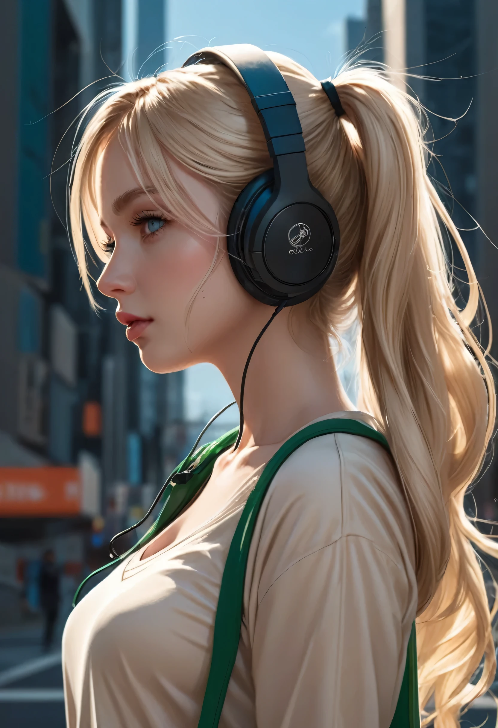 (masterpiece), (best quality, highres, highly-detailed, illustration), 1girl, solo, city, contemporary, profile picture closeup, blonde beige long hair, green eyes, beautiful detailed eyes, squatting, headphones, 8k, trending on ArtStation, featured on Pixiv