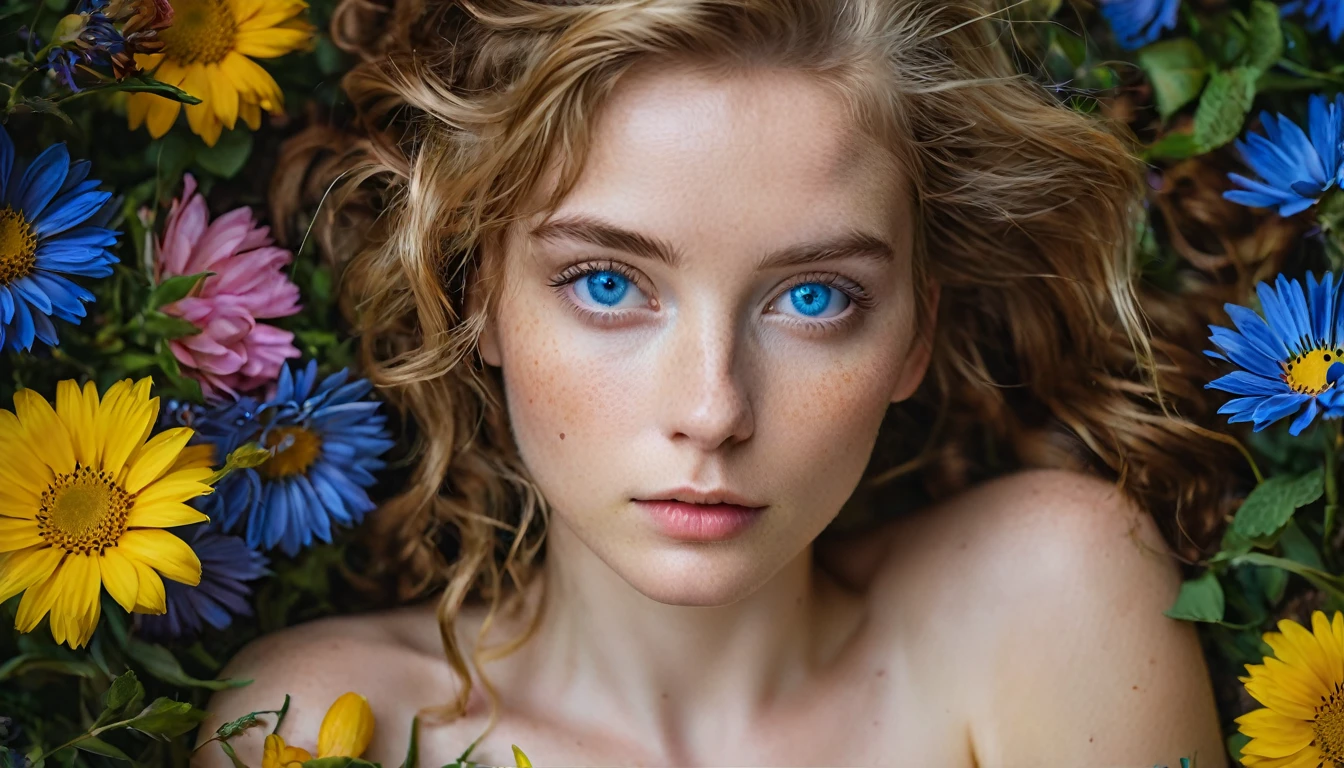 Artistic, portrait-style photo of a young woman with striking blue eyes, surrounded by and adorned with vibrant, colorful flowers, flowing hair blending with the flowers, direct gaze towards the camera, tight close-up on face, in a natural, floral setting, under soft, diffused lighting, shot at eye level, on a Canon EOS 5D Mark IV with a 100mm f/2.8 macro lens, in the style of Tim Walker