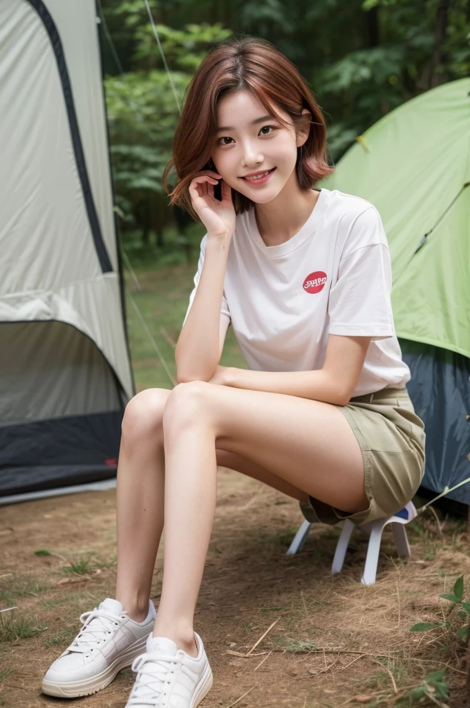 すっぴん、Camping tent, junior high school third grade, ((full body)), ((photo)), ((best qualtiy, 8K, tmasterpiece:1.3)), Focus:1.2, perfect figure beautiful child:1.4, 1, cowboy shot, look at viewer, eyes facing the camera, incredibly absurd, beautiful and cute with a photorealistic face, showcasing top-quality craftsmanship, A Japanese girl gazing at the campfire at a campsite, 15 years old, short hair, wavy and shiny, crimson hair, big eyes, long eyelashes, smiling face, white teeth, round face, small nose, smooth skin, fair skin, red lips, pink cheeks, lively expression, , delicate, well-balanced proportions, slim, 155cm tall, thin limbs, small A-cup breasts, khaki T-shirt, camouflage shorts, sneakers, beautiful girl, younger sister attributes, active, sociable, cheerful, optimistic, brave, curious, August