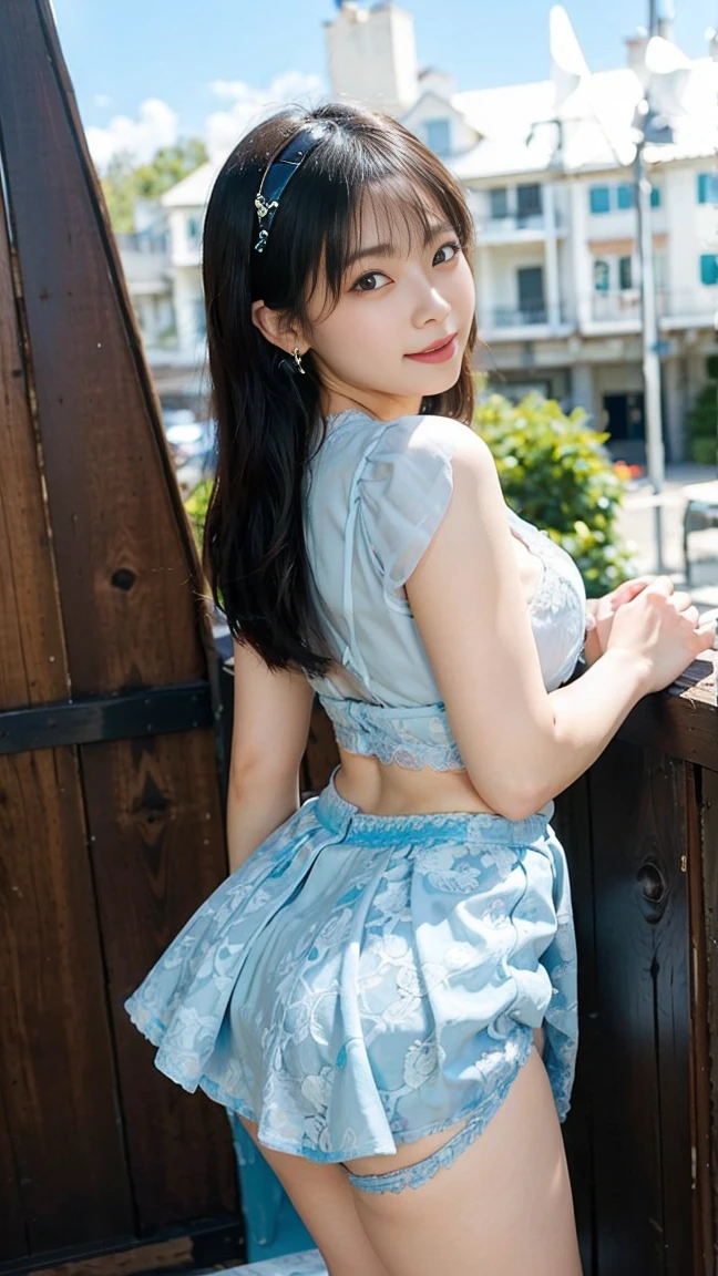 female、20-year-old、Short wavy black hair、bangs、Cat ear、Plump nipples、(White Bikini)、(Blue long skirt)、Black Stockings、Daim Milk、Your smile is cute、((Poses that accentuate the buttocks、Look Back)、Sexy Hips、Black high heels、Big Necklace、((((The wind blew my skirt away、Panties exposed...)))、(Light blue lace panties)、Cute earrings、(Tilt your head a little)