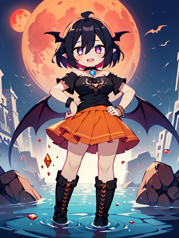 (1 girl in:1.2), (Alone:1.2) , Bright texture work, premium, , change, , 10 years, short black t-shirt, orange layered skirt, black pointed boots, black pointed bracelets, pointed choker, (Orange hair:1.1), short hair, wavy fur, (violet eyes:1.1), shiny hair, evil smile, standing, contrasted, hand on hip, evil executive, villain, evil fall, darkness, center of the night, concrete roads, big breasts, (empty eyes:1.5), (Gem forced into place:1.2), corrupted gem , eyeball gem, (broken gem:1.2), cursed seal, (parasite eroded gem:1.1), Heart-shaped tattoo on the lower abdomen, eroded, bat wings, Open mouth, big tusk, full moon, Red Moon, huge drowning,