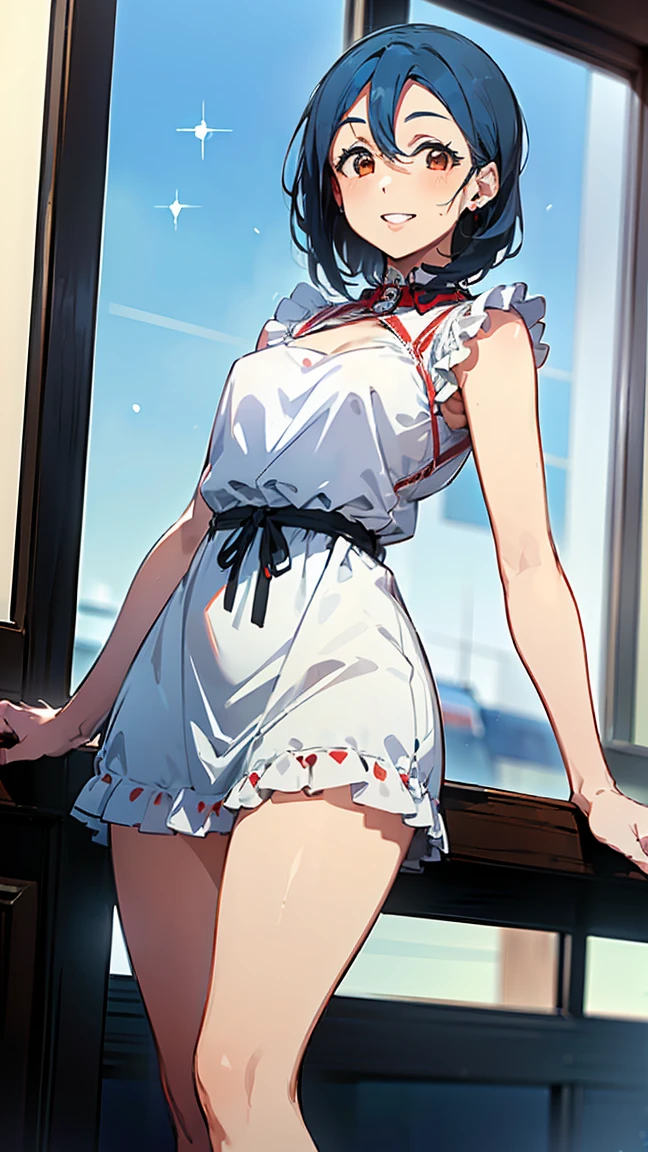 ((Pure white dress: 1.5)), ((Luxurious dress: 1.5)), ((Cute frilly dress: 1.5)), High Quality, (8K, Raw, Best Quality, Real: 1.5)), Ultra High Quality, High Quality, Best Quality, Perfect face, Perfect limbs, Perfect fingers, High resolution, (((Blue sky: 1.5))), (((Jumbo jet seen through large glass window: 1.5))), Girl with deserted Haneda airport background, reinforced concrete building background, (Beautiful anime face, Cute face, Detailed face), -- (Red hair, Bangs), ((Slim figure 1.2)), (((Small chest 1.3))), -- Adorable smile, (((Smile: 1.5))), (((Smile: 1.5))), Open lips, , Standing, Turning around, Back view, Miniature human hand, ((Details of Haneda airport background: 1.5)),Cartoon-like,Perfect anatomy,Perfect proportions,Evening,Nice lighting,Bright colors,Clean lines,Information,Blurred,Stunning facial expressions,Restless emotions,Gorgeous,Cute,Detailed beautiful face and eyes,(Masterpiece)Beautiful face,Young handsome girl,Realistic and perfect skin,Bokeh,Stunning facial expressions,Restless emotions,Gorgeous,Cute,Detailed beautiful face and eyes,(Audrey Hepburn),(************),Blake,Slim skin with cleavage,(Cute nice type), (J-pop idol), (thighs, (depth of field), (depth of field), soft light, glittering lens gaze, (droopy eyes), straight teeth, shy smile, floating hair, Blake's movie scene, full color of the movie, 4K, 8K, 16K lace, raw photo, must-see movie, professional color grade, professional photographer, high school girl, , soft and clean focus, realistic lighting and shading, (very delicate (beautiful artistic), graceful eyes), (thin), (abdomen 0. 95), (slim), (beautiful girl), (waist detail 1.15), (beautiful girl), (detail), open lips, face with full make-up with red lips, (glowing skin), (perfect female body),