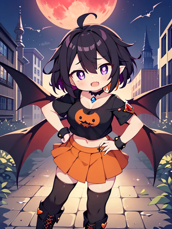 (1girl in:1.2), (Solo:1.2) , Brilliant Textured Work, top-quality, , loli, , 10 year old, black crop top tee, orange layered skirt, black spiky boots, black spiky wristbands, spiky choker, (orange hair:1.1), short hair, wavy hair, (violet eyes:1.1), shiny hair, evil smile, standing, contrapposto, hand on hip, Evil Female Executive, villainess, Evil Fall, darkness, Downtown at night, Concrete roads, large breasts, (empty eyes:1.5), (Forcibly fitted gem:1.2), corrupted gem , eyeball gem, (cracked gem:1.2), curse seal, (parasite eroded gem:1.1), Heart-shaped tattoo on the lower abdomen, eroded, bat wings, open mouth, large fang, full moon, red moon, huge ahoge,